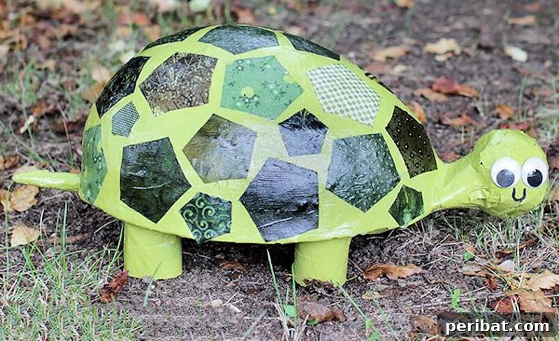 Charming paper mache patchwork turtle, a fun craft for kids