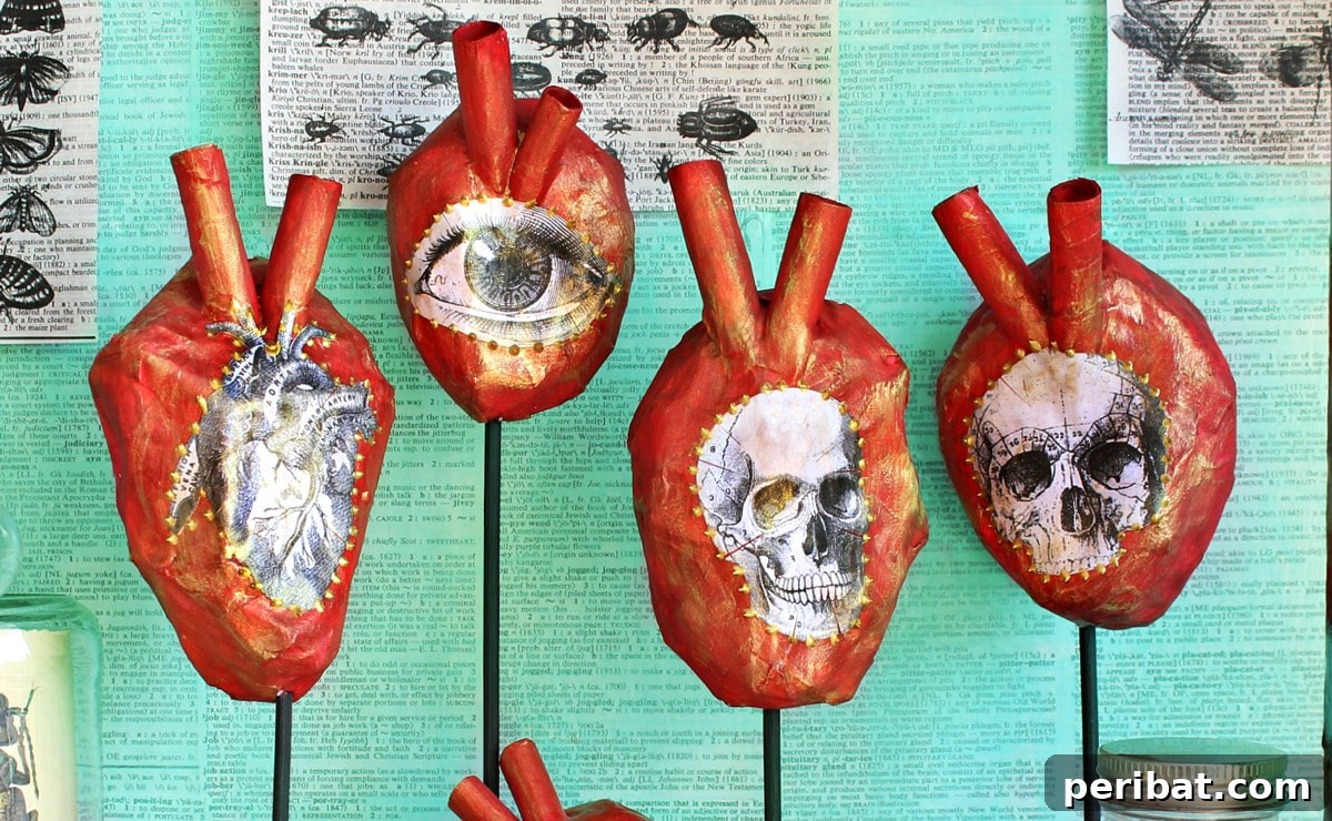 Intriguing papier mache anatomical hearts for unique decoration