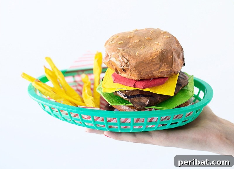 Quirky paper mache burger and fries, perfect as unique decoration or gift