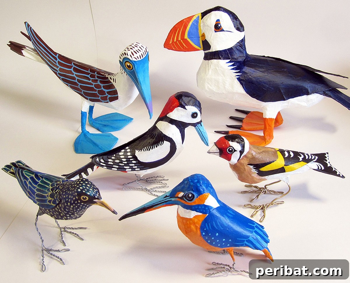 Vibrant folk art paper mache birds, suitable for home decor or educational tools