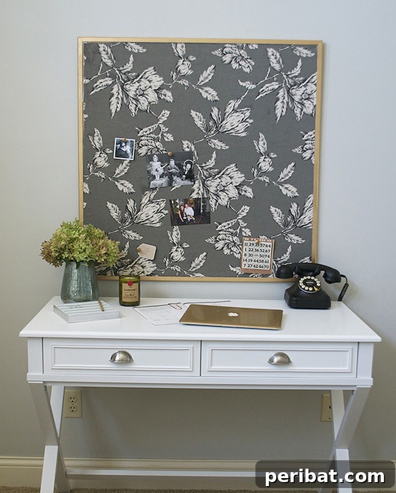 27 Creative DIY Pinboard Projects 17 Stylish DIY fabric bulletin board with a gold frame on a desk