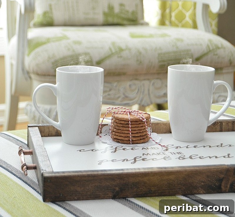 42 Creative DIY Serving Tray Projects 11 Rustic farmhouse serving tray with copper drawer pulls and a chalk-painted top