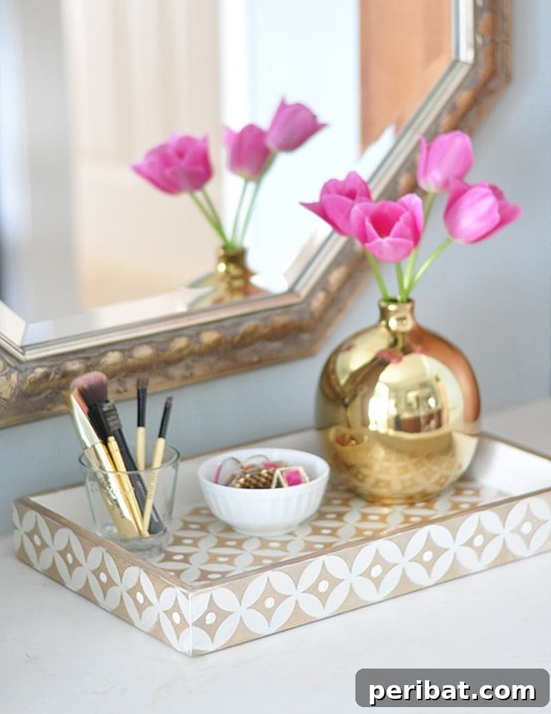 42 Creative DIY Serving Tray Projects 19 Sophisticated DIY bone inlay inspired serving tray with geometric pattern and metallic gold paint