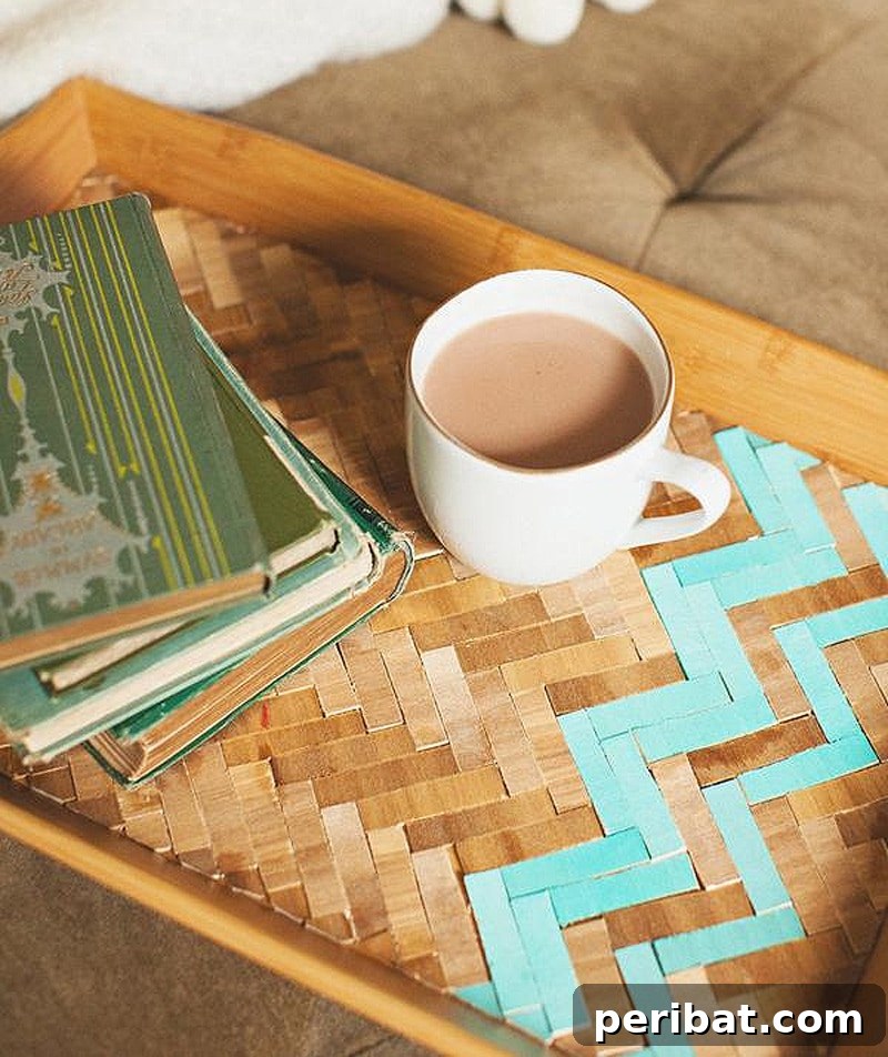 42 Creative DIY Serving Tray Projects 31 Charming DIY herringbone-patterned serving tray with turquoise color accent against wood stain