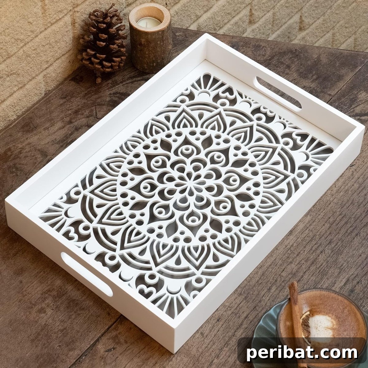 42 Creative DIY Serving Tray Projects 40 Functional white wood couch ottoman tray with clear glass bohemia-patterned bottom and sturdy handles