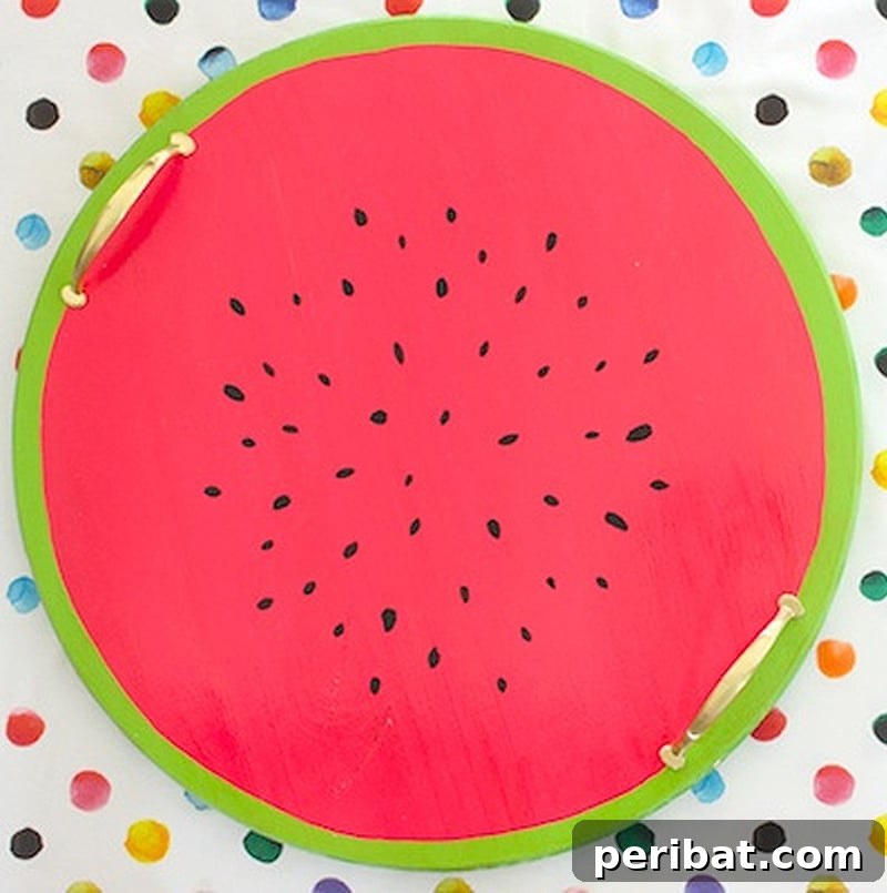 42 Creative DIY Serving Tray Projects 5 Vibrant watermelon-themed round serving tray with green, pink, and black paint
