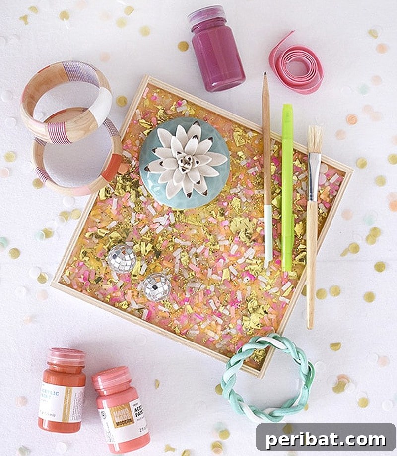 42 Creative DIY Serving Tray Projects 41 Vibrant and unique colorful DIY confetti tray with a hard-set finish for displaying jewelry