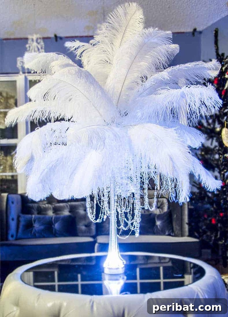 Captivating wedding centerpiece fashioned from luxurious ostrich feathers