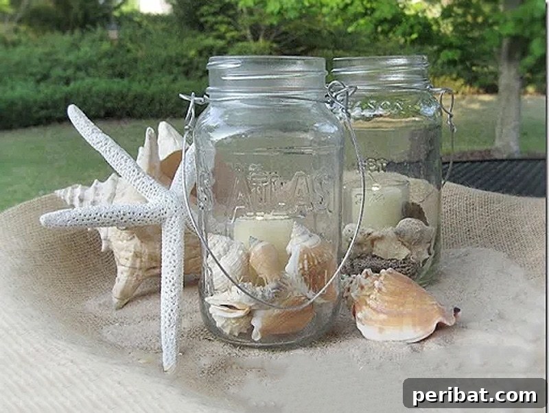 Beach-inspired DIY mason jar centerpiece with seashells and candles