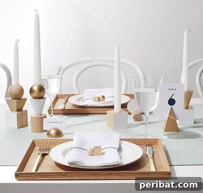 Handcrafted geometric wooden candleholders for a modern wedding