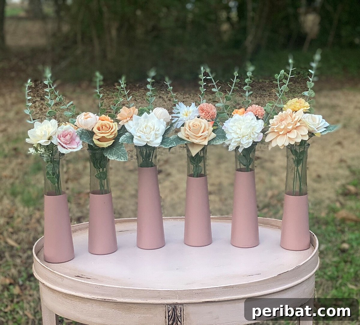 Set of six elegant dipped blush bud vases