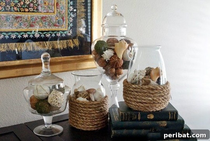 Rustic DIY rope vase centerpiece for a nautical wedding