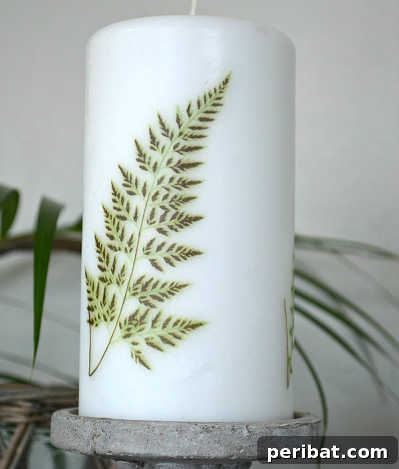 Elegant DIY fern-imprinted candle for a natural wedding touch