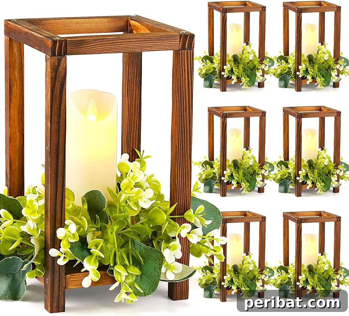 Charming rustic wooden box lantern centerpiece with eucalyptus and fairy lights