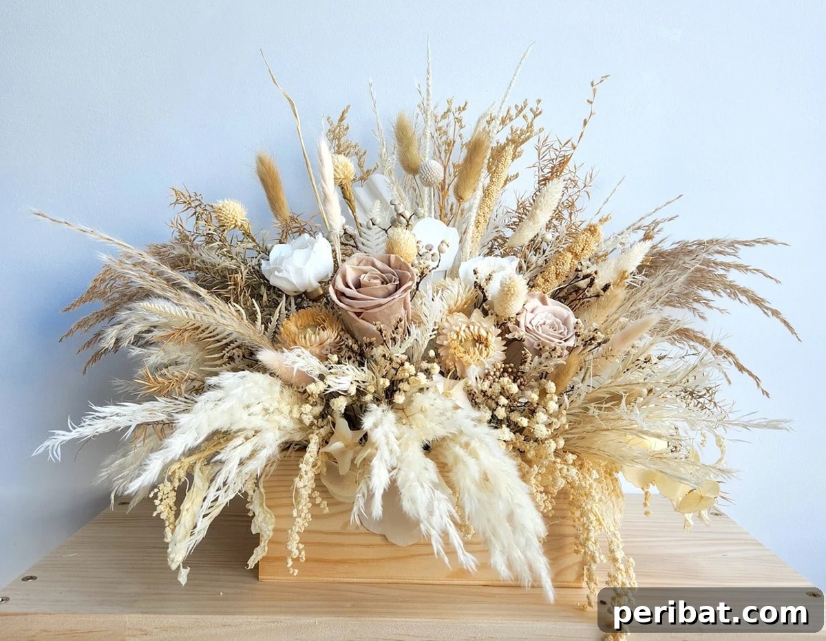 Elegant beige and ivory dried flower arrangement for a wedding centerpiece