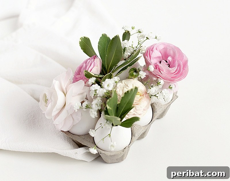 Innovative DIY egg vase centerpiece with fresh flowers in eggshells
