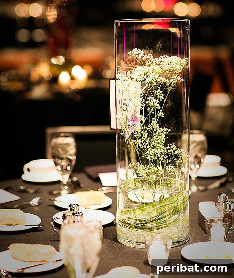 Enchanting DIY submerged baby's breath centerpiece for a winter wedding