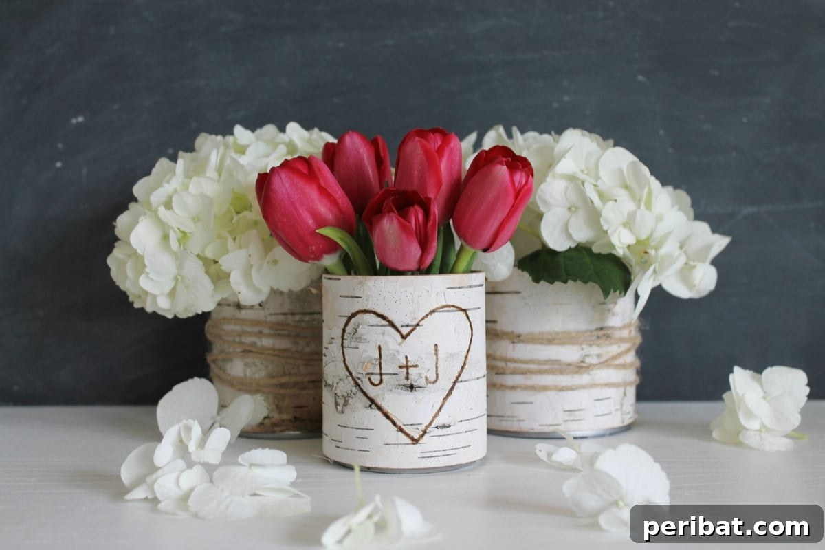 Rustic DIY birch vases with personalized initials for wedding decor