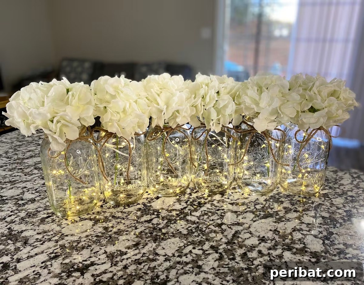 Ethereal set of six lighted mason jars with lace for a vintage-themed wedding
