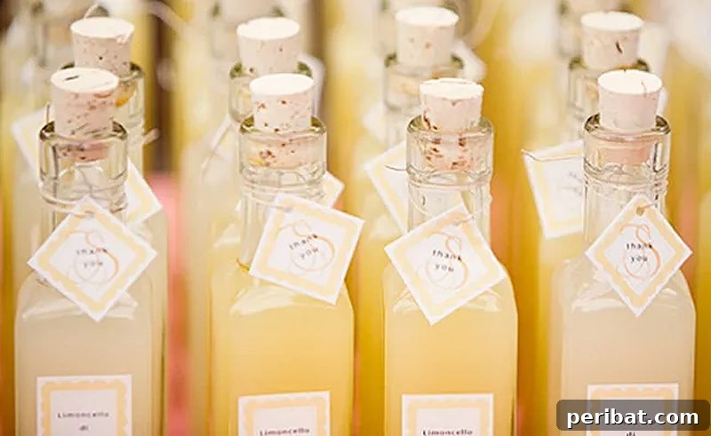 Handcrafted limoncello party favor in a small bottle with a personalized tag, perfect for a wedding.