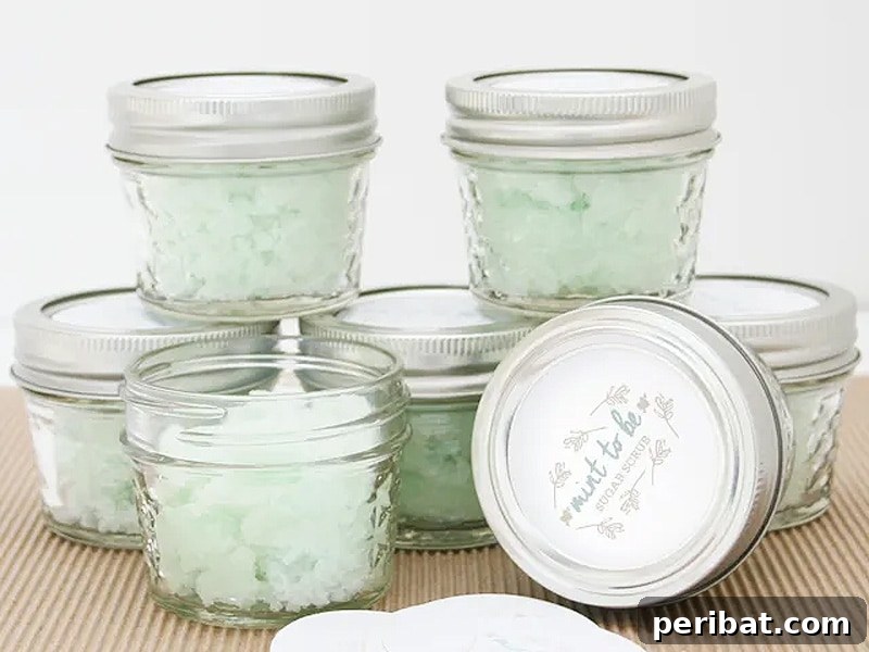 Refreshing 'mint-to-be' sugar scrub in a small jar, an invigorating DIY party favor.