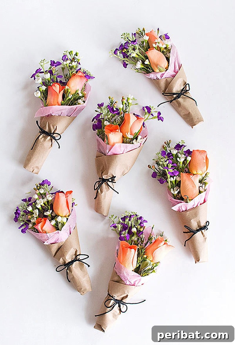 Six charming mini flower bouquets, wrapped elegantly, perfect as DIY party favors or tokens of appreciation.