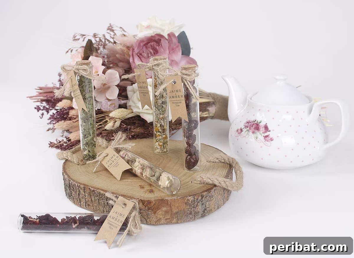 Elegant wedding tea favors, presented in delicate test tubes, ideal for a refined celebration.