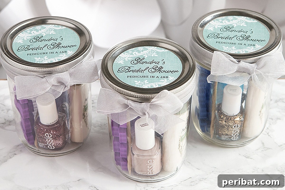 Pedicure-in-a-jar favors, charmingly assembled in mason jars with pedicure tools and labels.