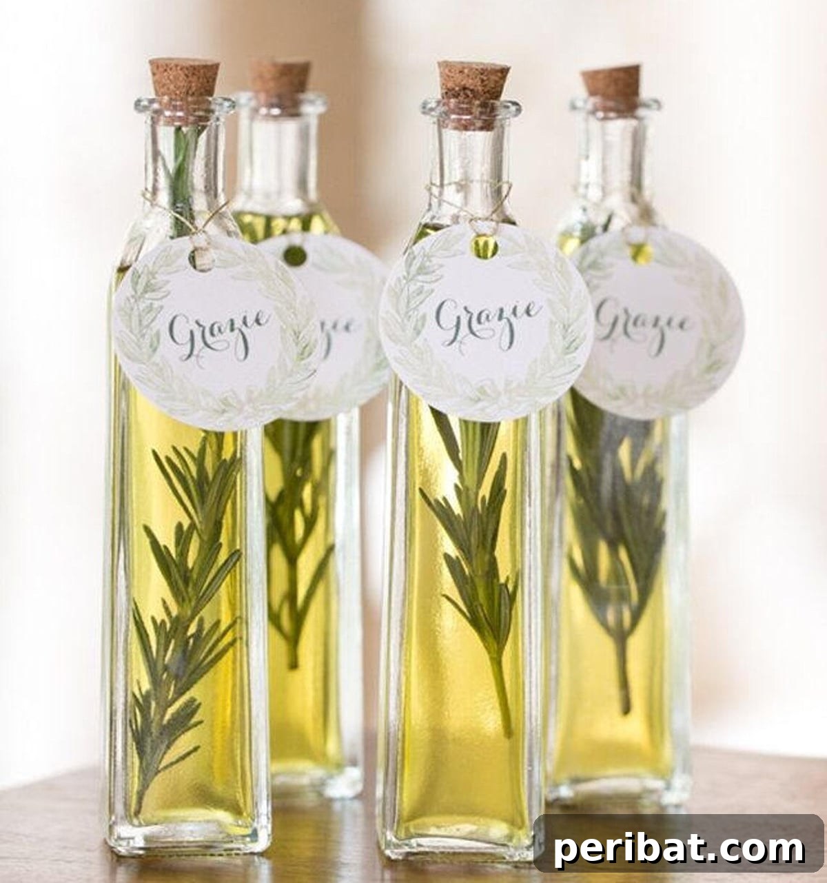 Four bottles of olive oil, beautifully presented and infused with rosemary, for elegant party favors.