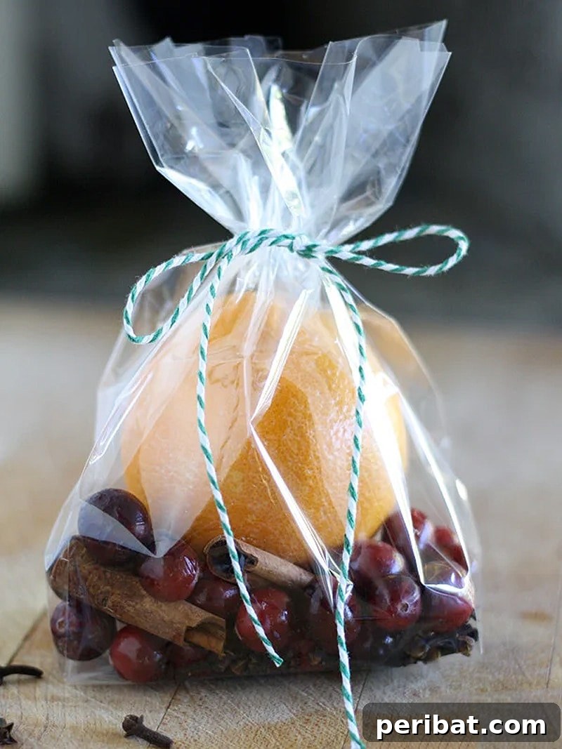 Bag containing dried fruits, spices, and natural ingredients for a stove-top potpourri party favor.