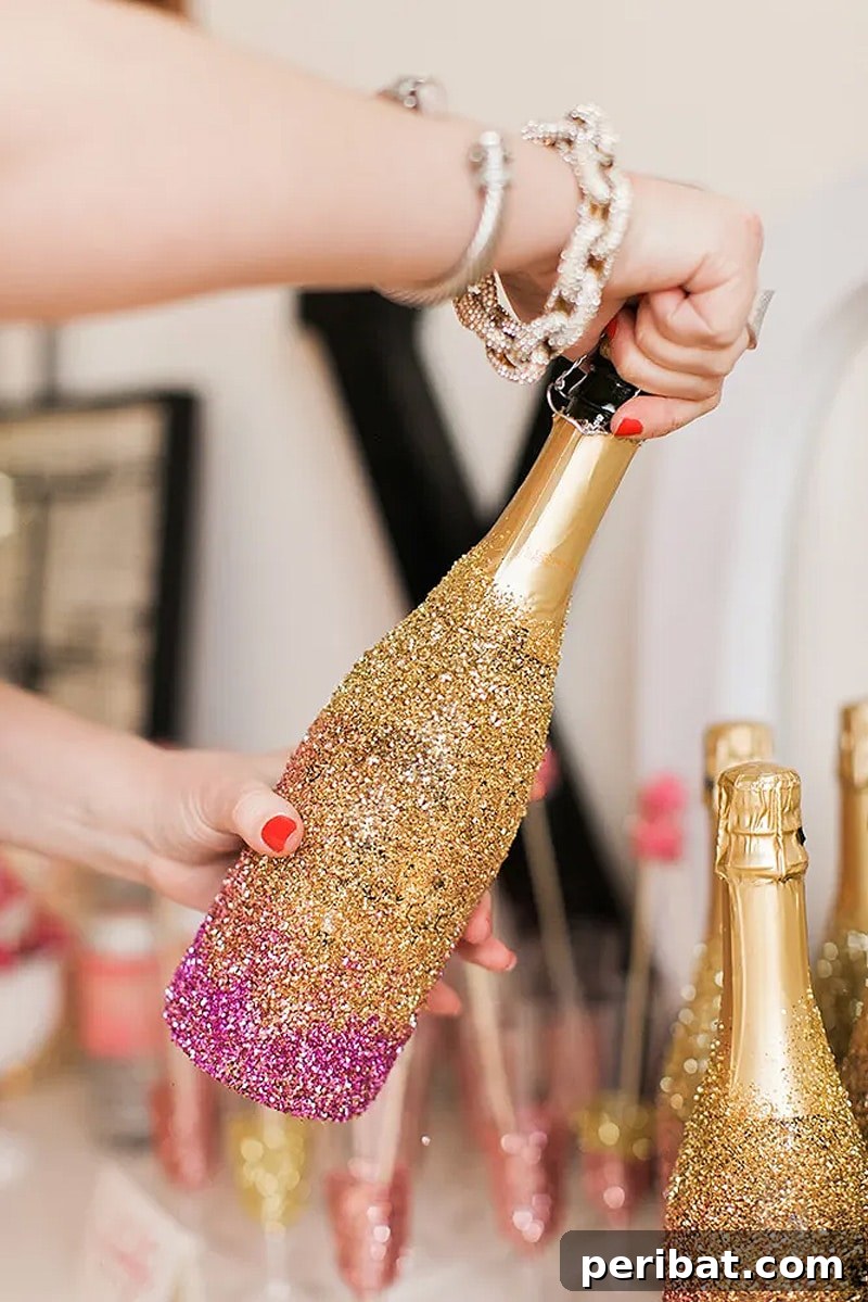 Ombré glitter champagne bottles, a dazzling and easy DIY party favor to add glamour.