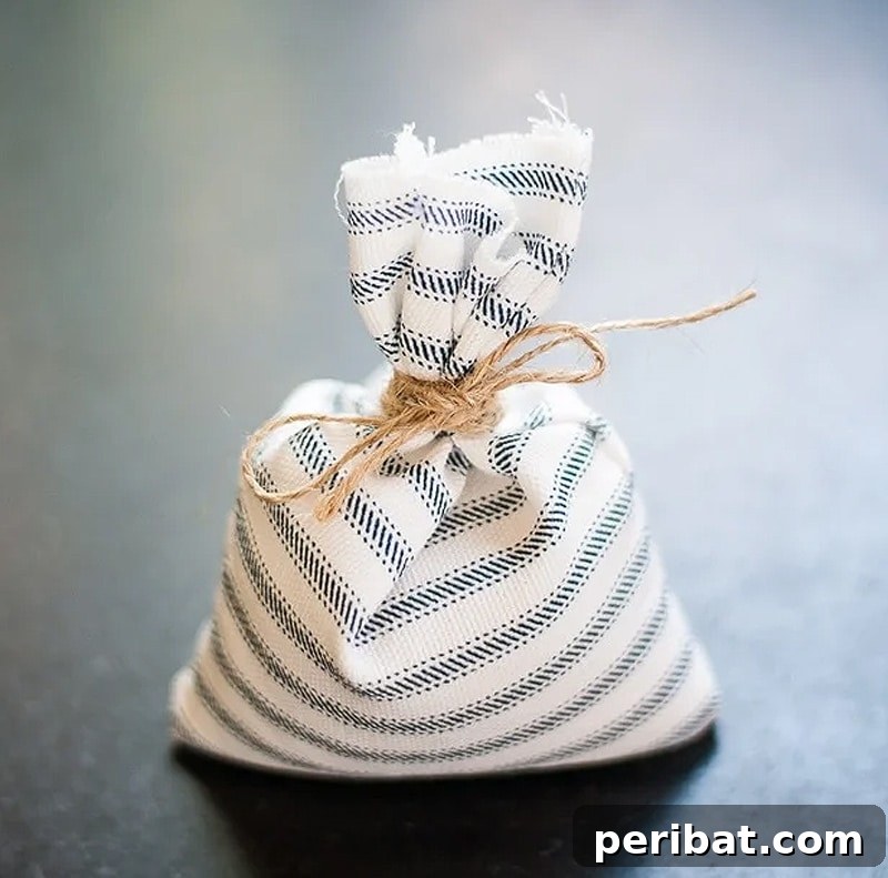 Scented sachets using patterned fabric, rice, and essential oils, a delightful and aromatic DIY party favor.