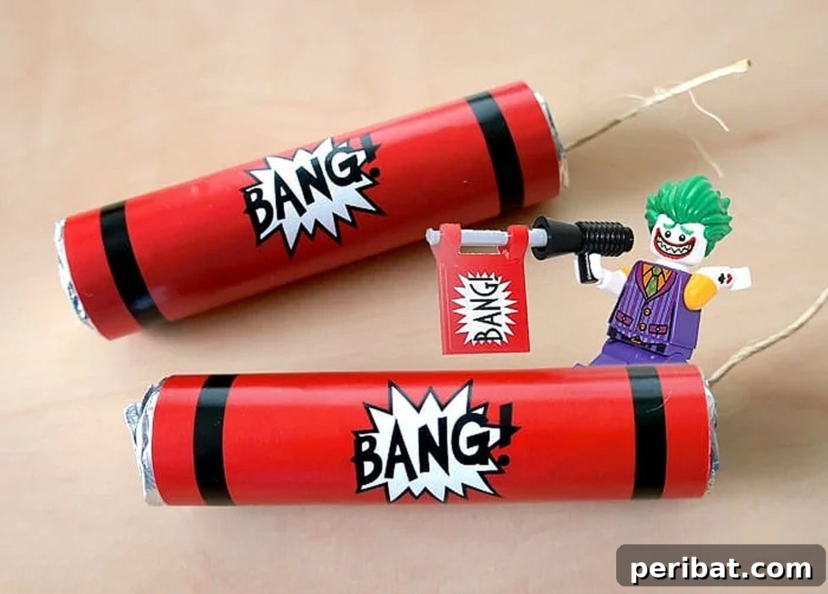 Lego Batman-inspired dynamite candy favors, made from Lifesavers and creative packaging, perfect for themed parties.