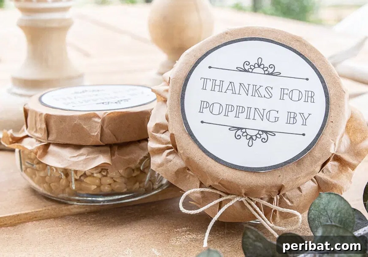 Mason jars filled with popcorn kernels, adorned with printable tags, for charming DIY wedding favors.