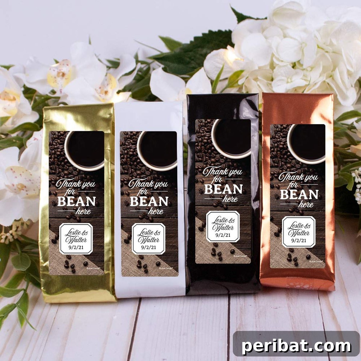Personalized coffee wedding favors in small bags, a perfect treat for coffee lovers.