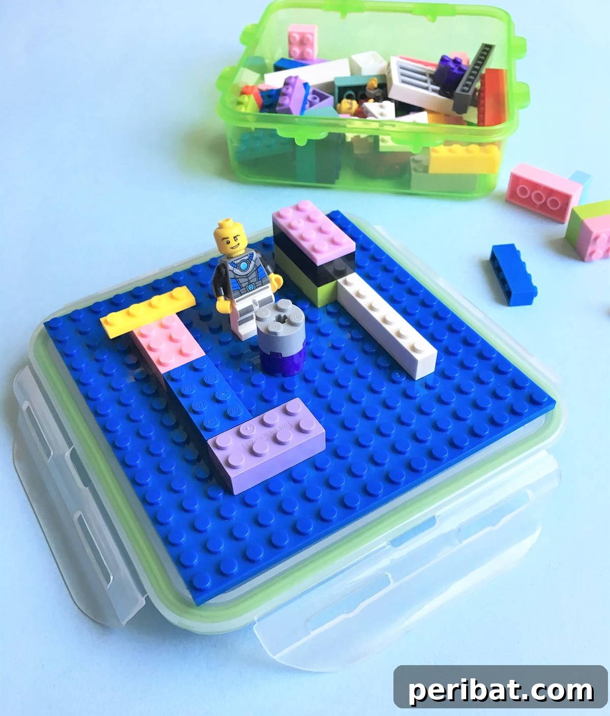 Compact travel Lego kit in a small container, an excellent DIY party favor for keeping kids entertained.