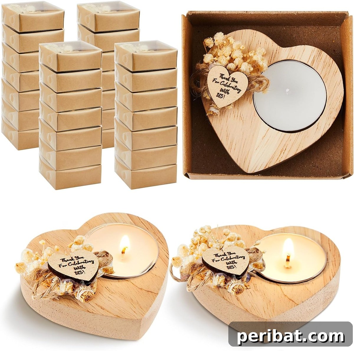 Rustic heart candle holders, made from wood, perfect as elegant party favors for weddings and special occasions.
