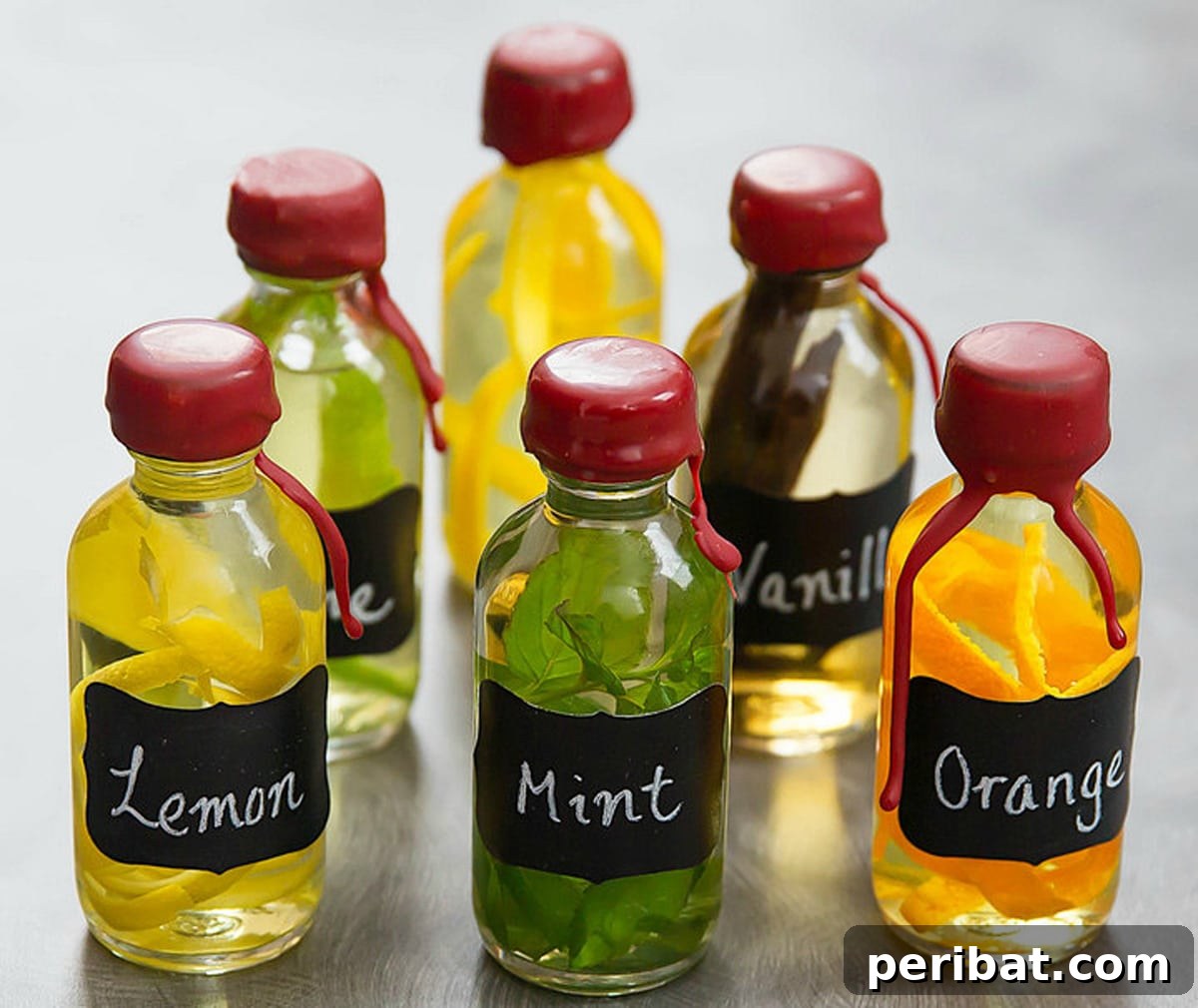 Jars of homemade DIY extracts, including vanilla, mint, and citrus, for unique party favors.