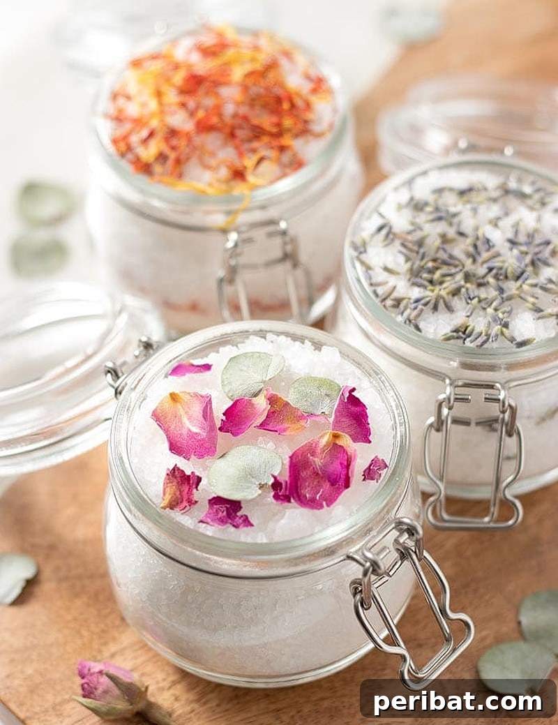 Jars of homemade bath salts, customizable with essential oils and dried botanicals, perfect for DIY party favors.