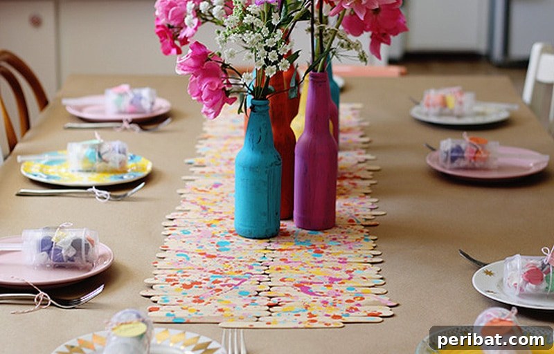 popsicle sticks splatter-painted with vibrant colors