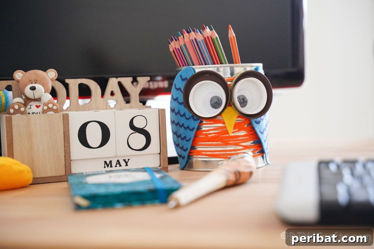tin can pencil holder on desk by calendar
