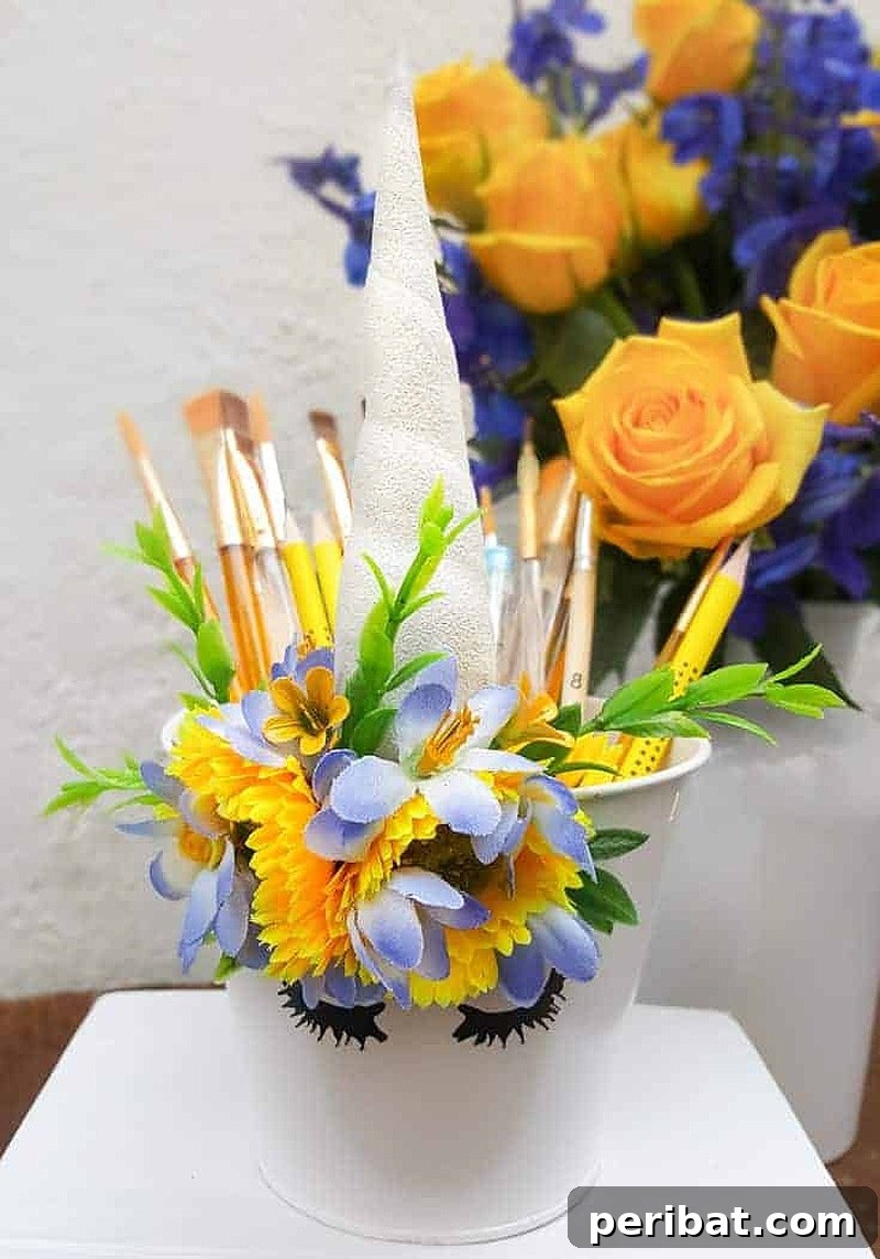 pencil case and yellow flowers