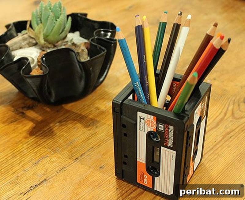 upcycled cassettes turned pencil holder