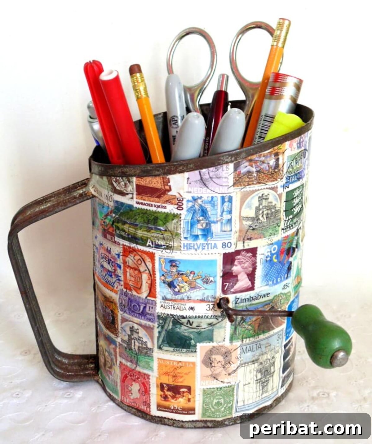 pencil holder from sifter decoupage with stamps