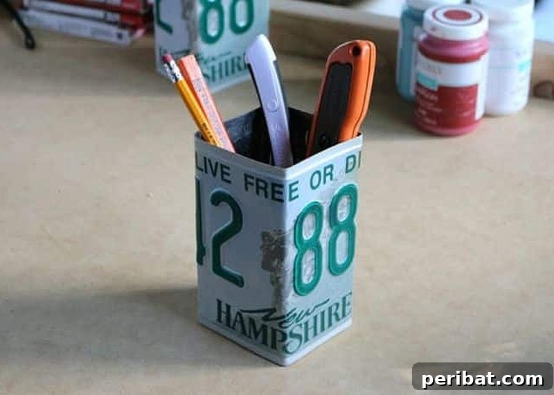 license plate pencil cup