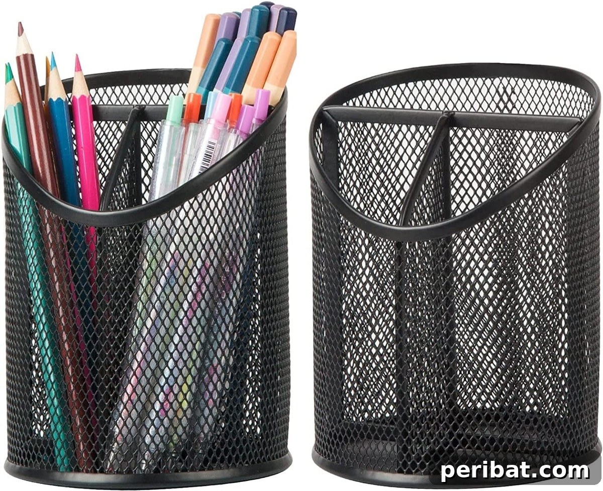mesh round pencil holder with 3 compartments