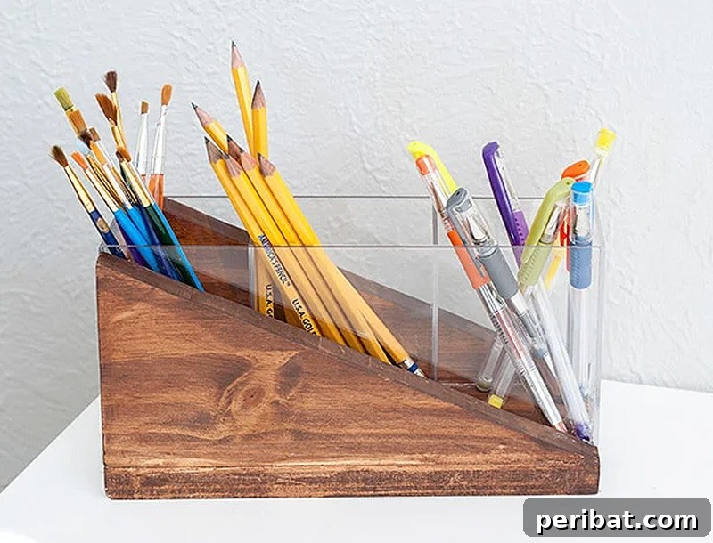 modern pencil holder from plexiglass and wood