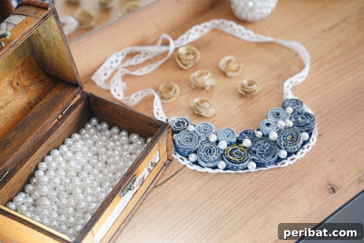 29 Creative DIY Clothing Kits 6 pearls in box next to denim necklace on vanity