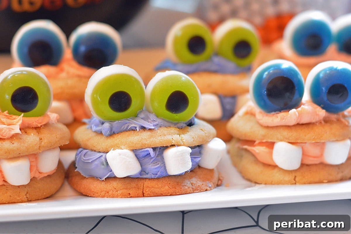 42 Spooktacular DIY Halloween Cookie Treats 13 Colorful monster cookies with chocolate chips and candy eyes