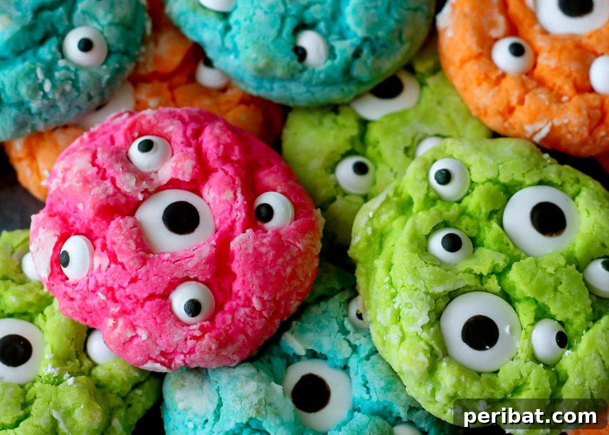 42 Spooktacular DIY Halloween Cookie Treats 37 Gooey monster cookies with multiple candy eyes